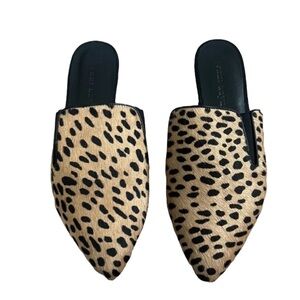 Jenni Kayne Cheetah Print Pony Hair Leather Pointed Toe Mules Size 36